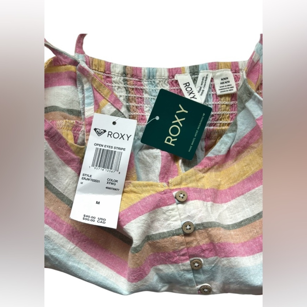 💛NWT! ROXY! “OPEN EYES” STRIPE FLOWY TANK! LINEN BLEND! ADJUSTABLE! - Picture 6 of 16